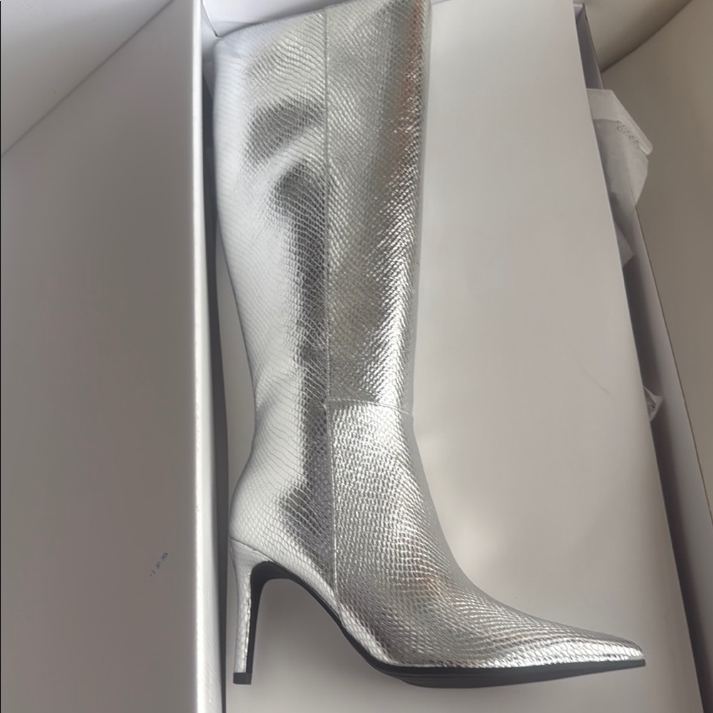 Guess Glamorous Silver Stiletto Heeled Boots 6.5